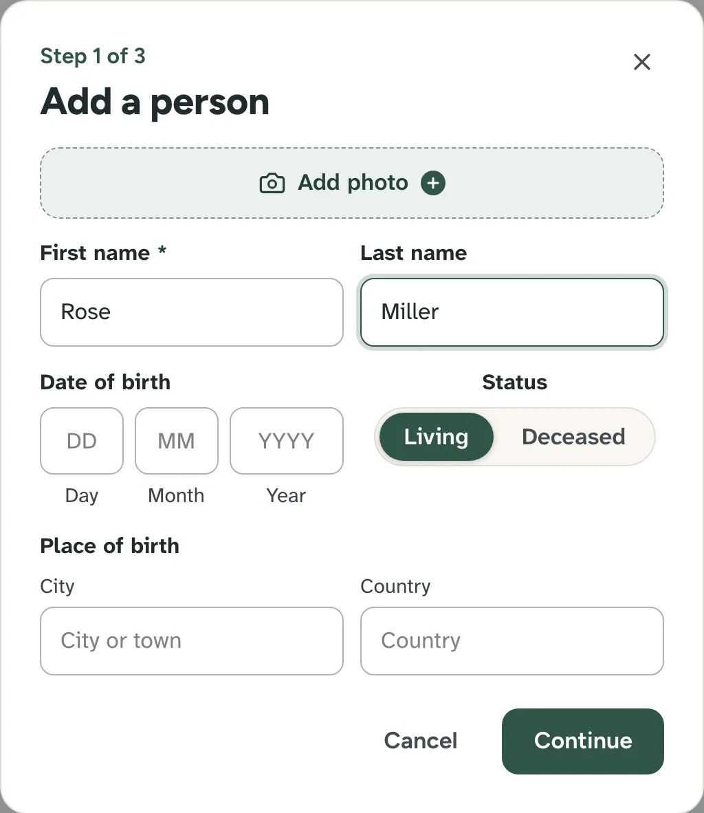The Add a person form: Add photo, first name Rose, last name Miller, date of birth, living or deceased, and place of birth.