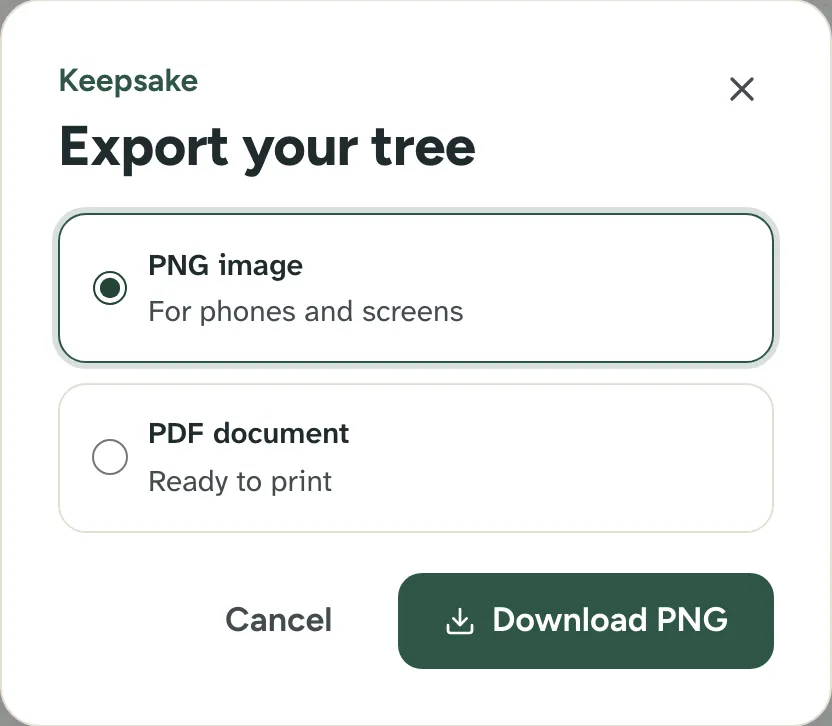 The Export your tree window with two choices: PNG image for phones and screens, and PDF document ready to print.