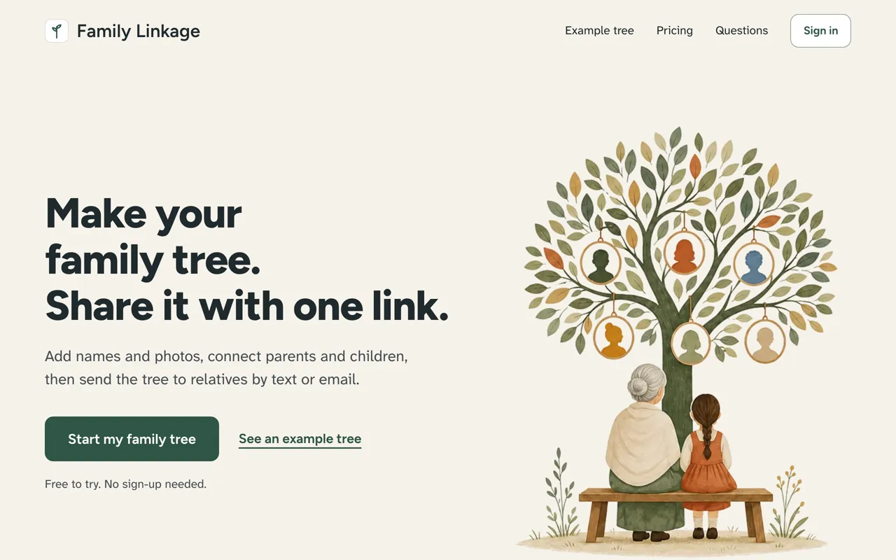 The Family Linkage home page. The headline says Make your family tree. Share it with one link. Below it is a Start my family tree button and the line Free to try. No sign-up needed.