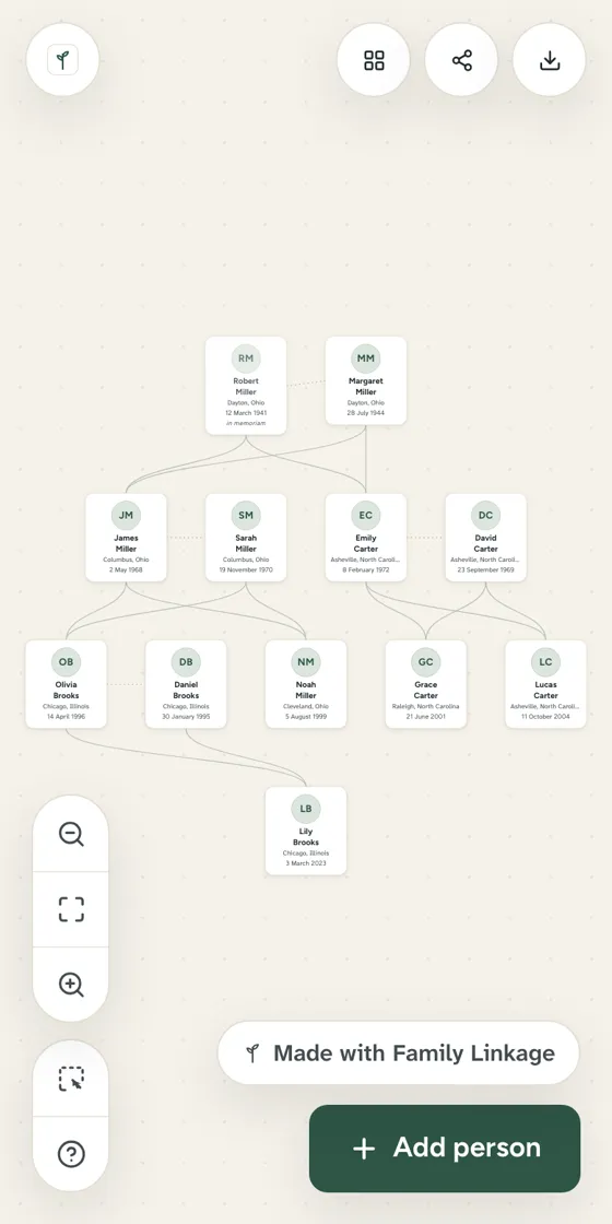 What a relative sees after opening a view-only link on a phone: the whole family tree, with no sign-in screen.