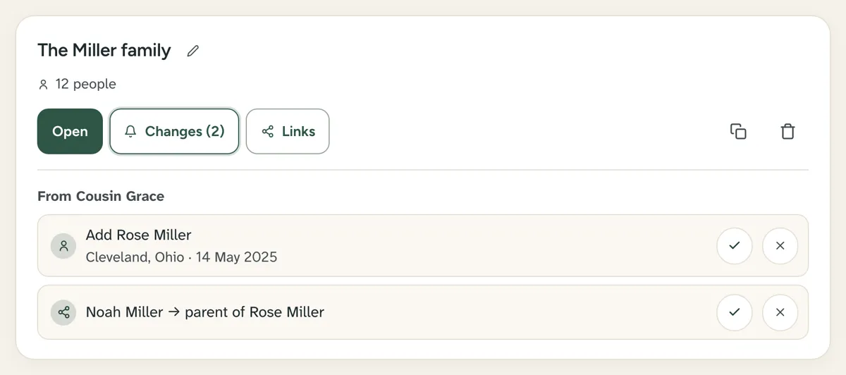Suggested changes from Cousin Grace: Add Rose Miller, Cleveland, Ohio, 14 May 2025, and Noah Miller parent of Rose Miller, each with an approve and a decline button.