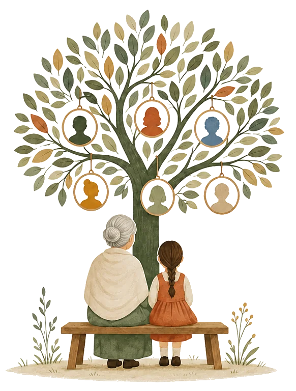 A grandmother and a young girl sit on a bench under a large tree. Round family portraits hang from its branches.